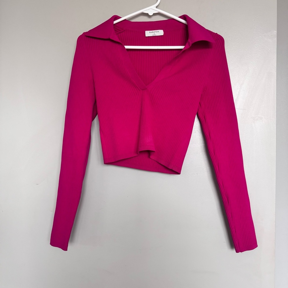 Aritzia Babaton Long Sleeve Ribbed Knit Polo Shirt Hot Pink Medium